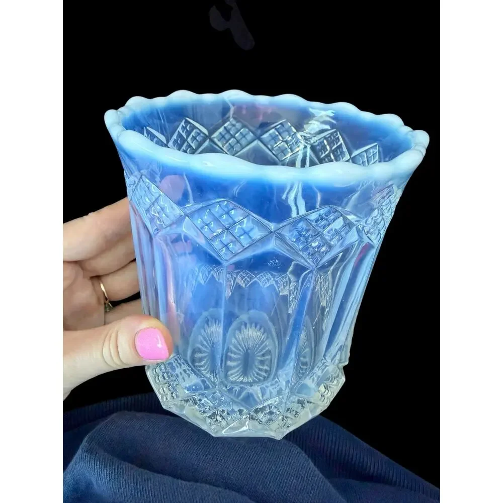 Mosser White Ice Blue Opalescent Glass Celery Vase Spooner